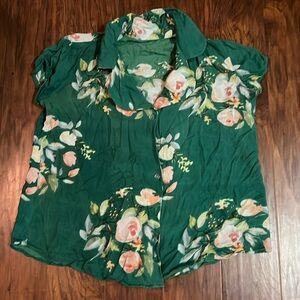 Green Floral Print Cap Sleeve Blouse